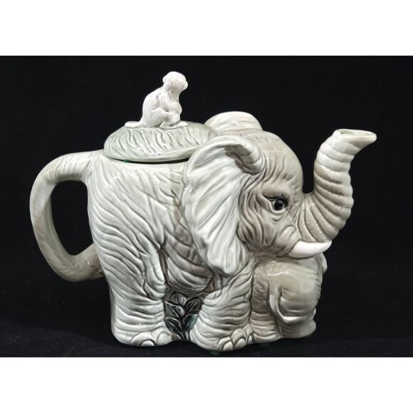 Elephant-Themed Ceramic Teapot With Monkey Lid In Glossy Gray Finish - Picture 2 of 10